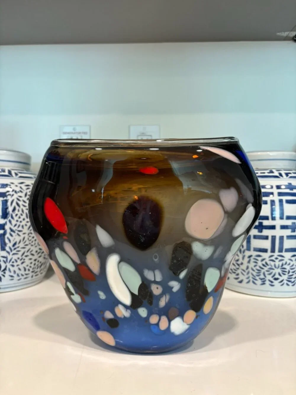 Murano Style Handblown Murrine Art Glass Vase Amber Blue 12”